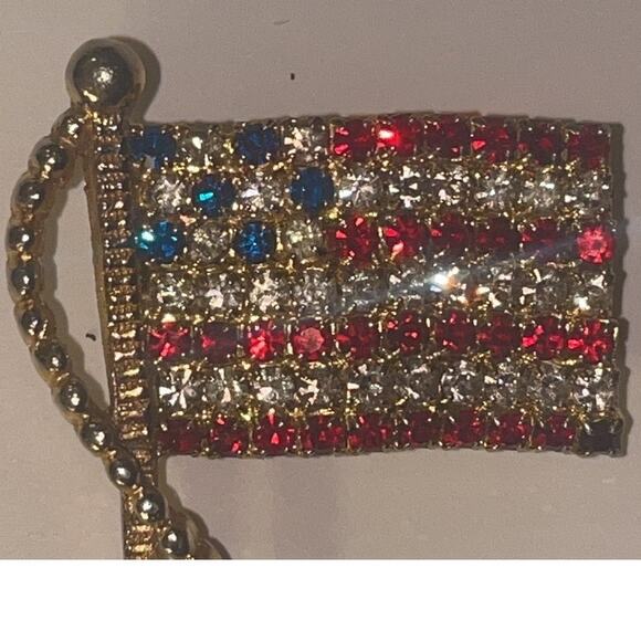 Vintage Rafaelian American Flag Brooch Pin Brass Rhinestone - Picture 5 of 10